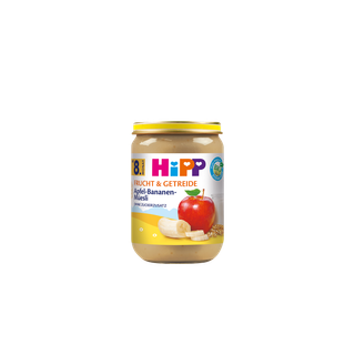 HiPP Bio Frucht & Getreide Glas Apfel-Bananen-Müesli ab 8. Monat mit Apfel, Banane und Getreide auf dem Etikett