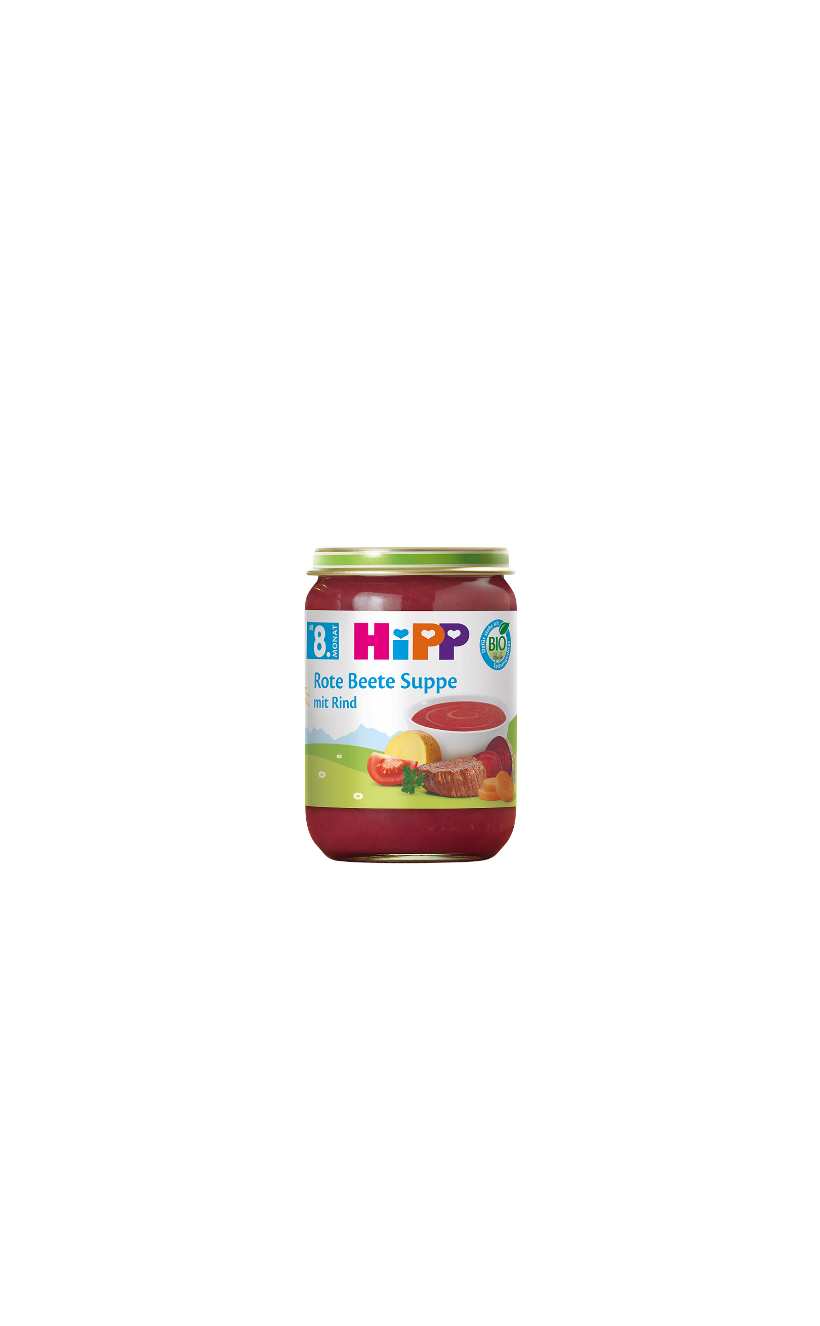 HiPP Bio Babyglas Rote Beete Suppe mit Rind ab 8. Monat, rotes Suppenglas mit grünem Deckel auf weißem Hintergrund
