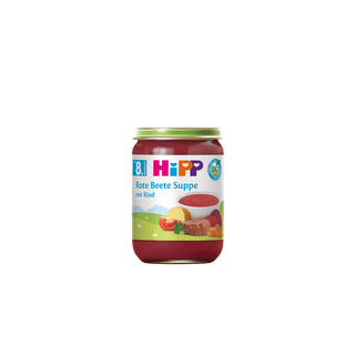 HiPP Bio Babyglas Rote Beete Suppe mit Rind ab 8. Monat, rotes Suppenglas mit grünem Deckel auf weißem Hintergrund