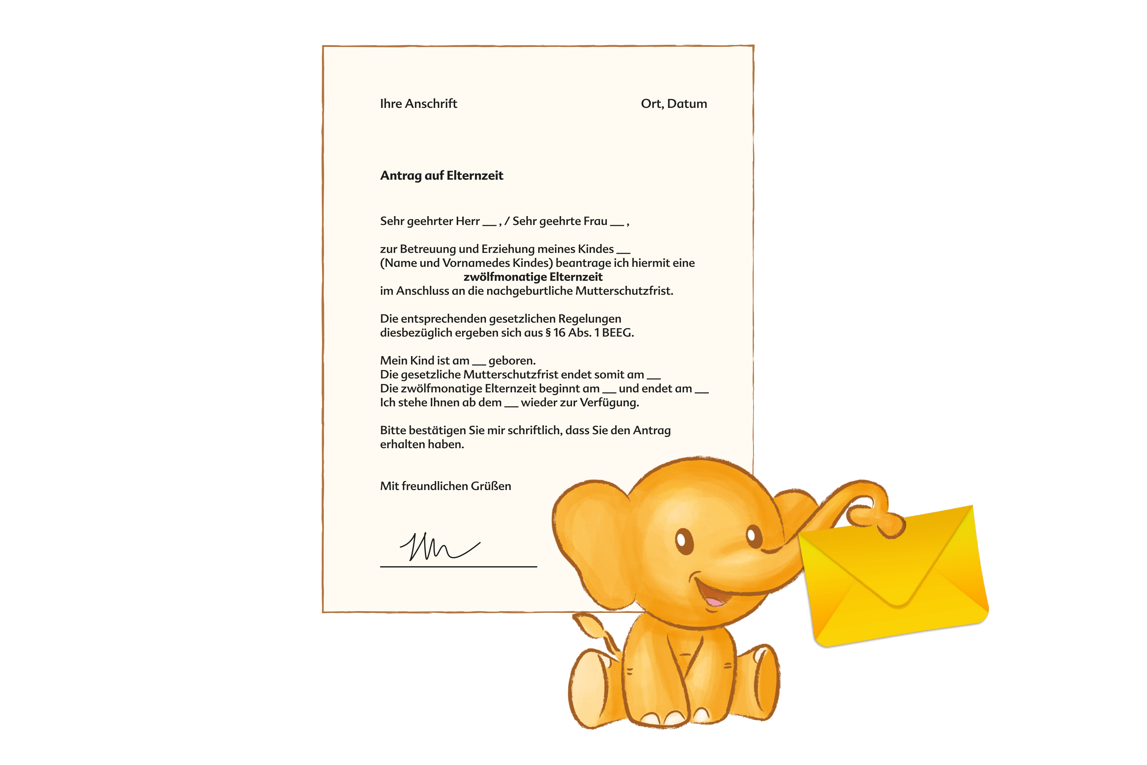 Ein niedlicher, animierter Elefant, der einen gelben Umschlag in der Hand hält, mit einer handschriftlichen Notiz in deutscher Sprache auf der linken Seite.