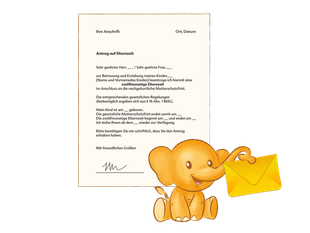 Ein niedlicher, animierter Elefant, der einen gelben Umschlag in der Hand hält, mit einer handschriftlichen Notiz in deutscher Sprache auf der linken Seite.