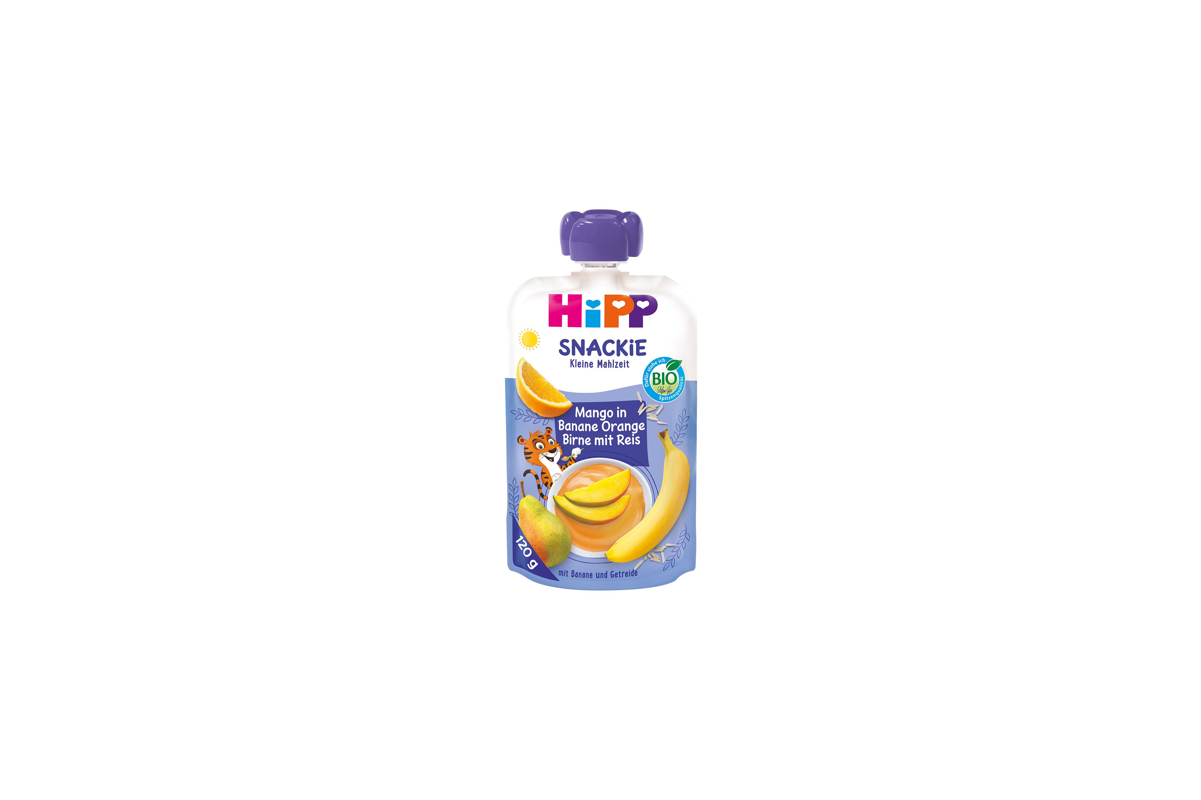 HiPP Snackie Quetschbeutel Mango in Banane Orange Birne mit Reis, Bio-Frucht-Getreide-Snack ab 1 Jahr