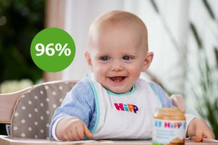 Lachendes Baby im Hochstuhl mit HiPP-Lätzchen und Gläschen, daneben grüner Kreis mit „96 %“ Qualitätsbewertung.