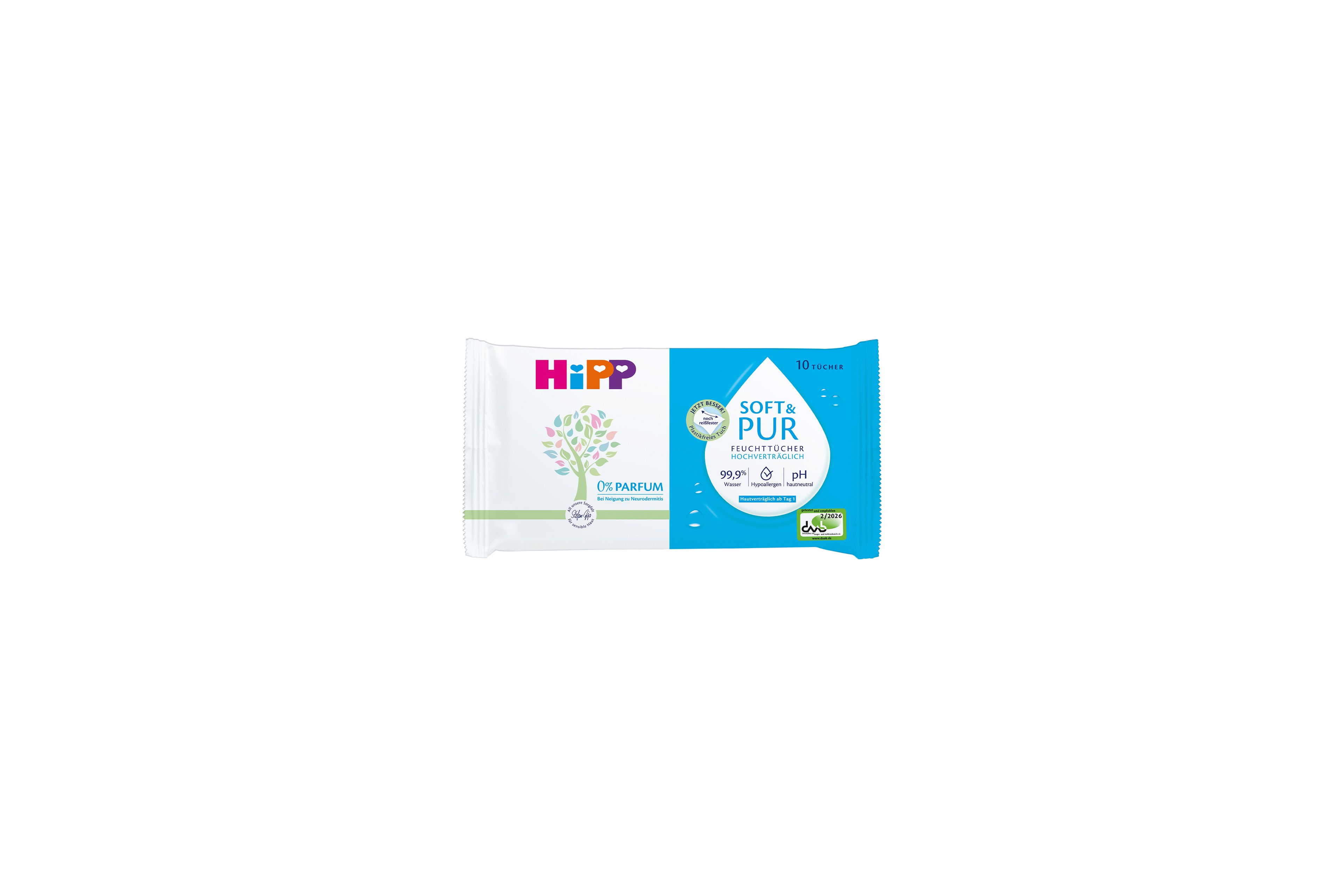 HiPP Soft & Pur Mini Feuchttücher Packung, 10 hypoallergene, parfümfreie Babytücher mit 99,9 % Wasser für sensible Haut