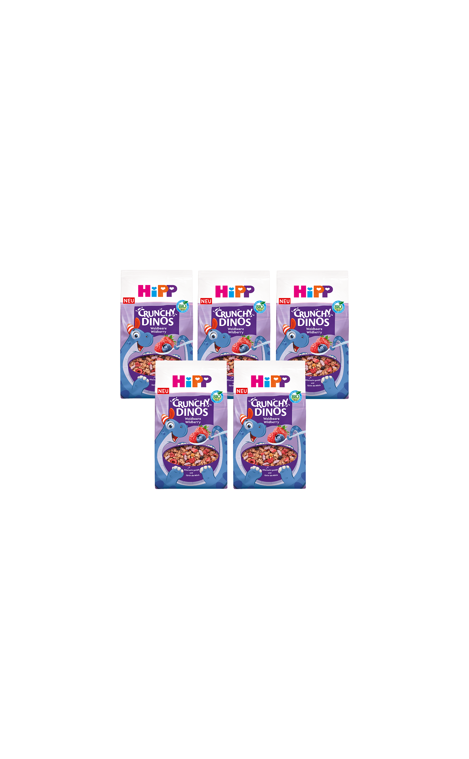 Fünferpack HiPP Crunchy Dinos Bio-Kinder-Cerealien mit Beerenmotiv auf lila Verpackung vor schwarzem Hintergrund