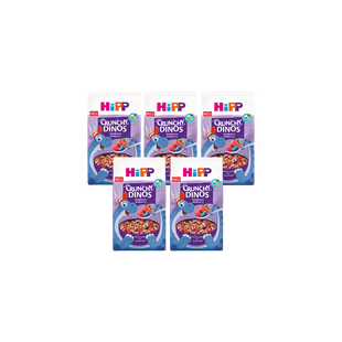 Fünferpack HiPP Crunchy Dinos Bio-Kinder-Cerealien mit Beerenmotiv auf lila Verpackung vor schwarzem Hintergrund
