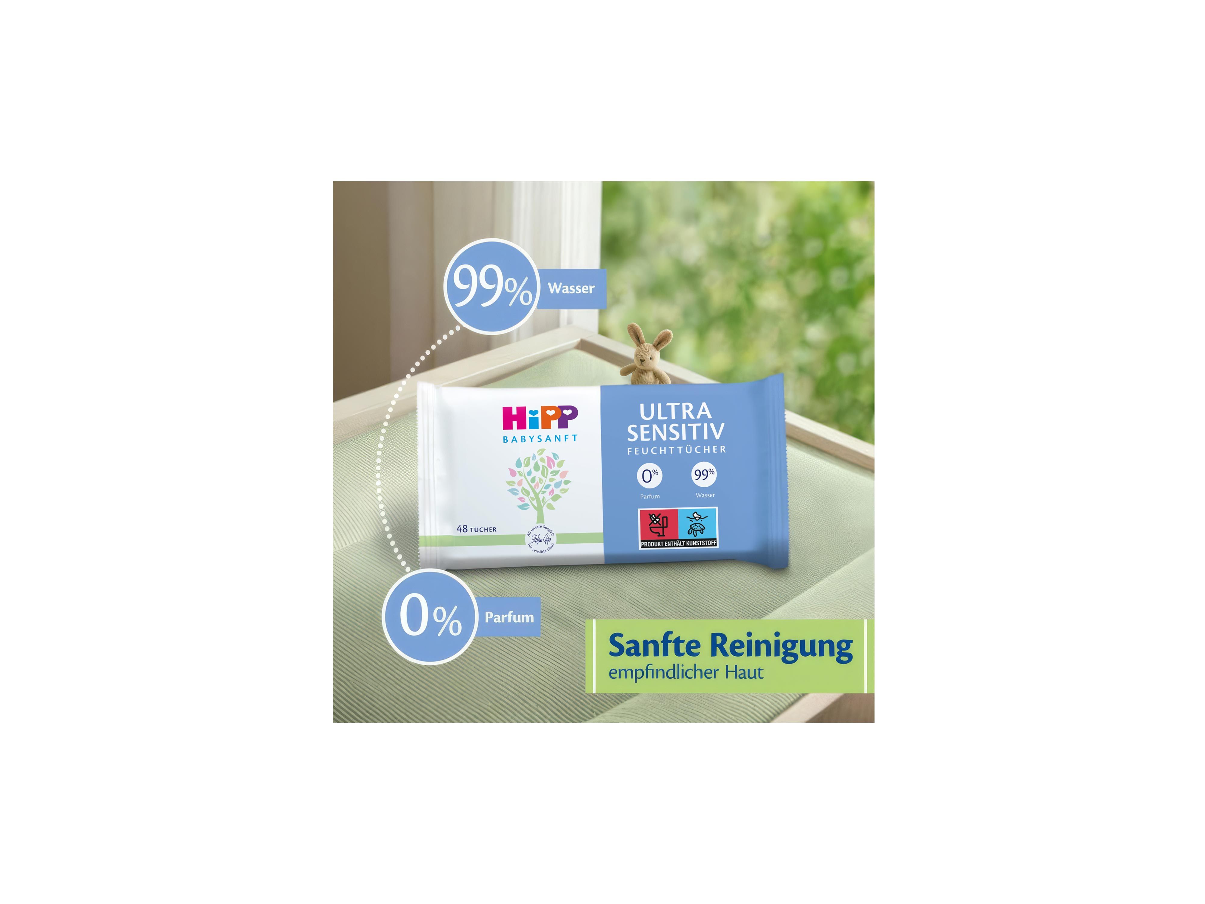 Verpackung von HiPP Ultra Sensitiv Feuchttüchern auf einem Tisch mit Texten zu 99% Wasser und 0% Parfum