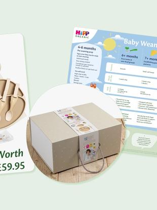 Photos of Bibado's weaning gift, showing a bib, plates and cutlery with text saying "Worth £59.95" next to HiPP Organic's Weaning Chart