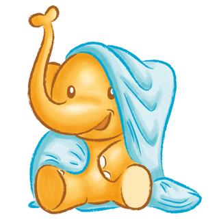 Lachender Elefant mit einer Decke über dem Kopf und einer weiteren Decke um den Körper gewickelt