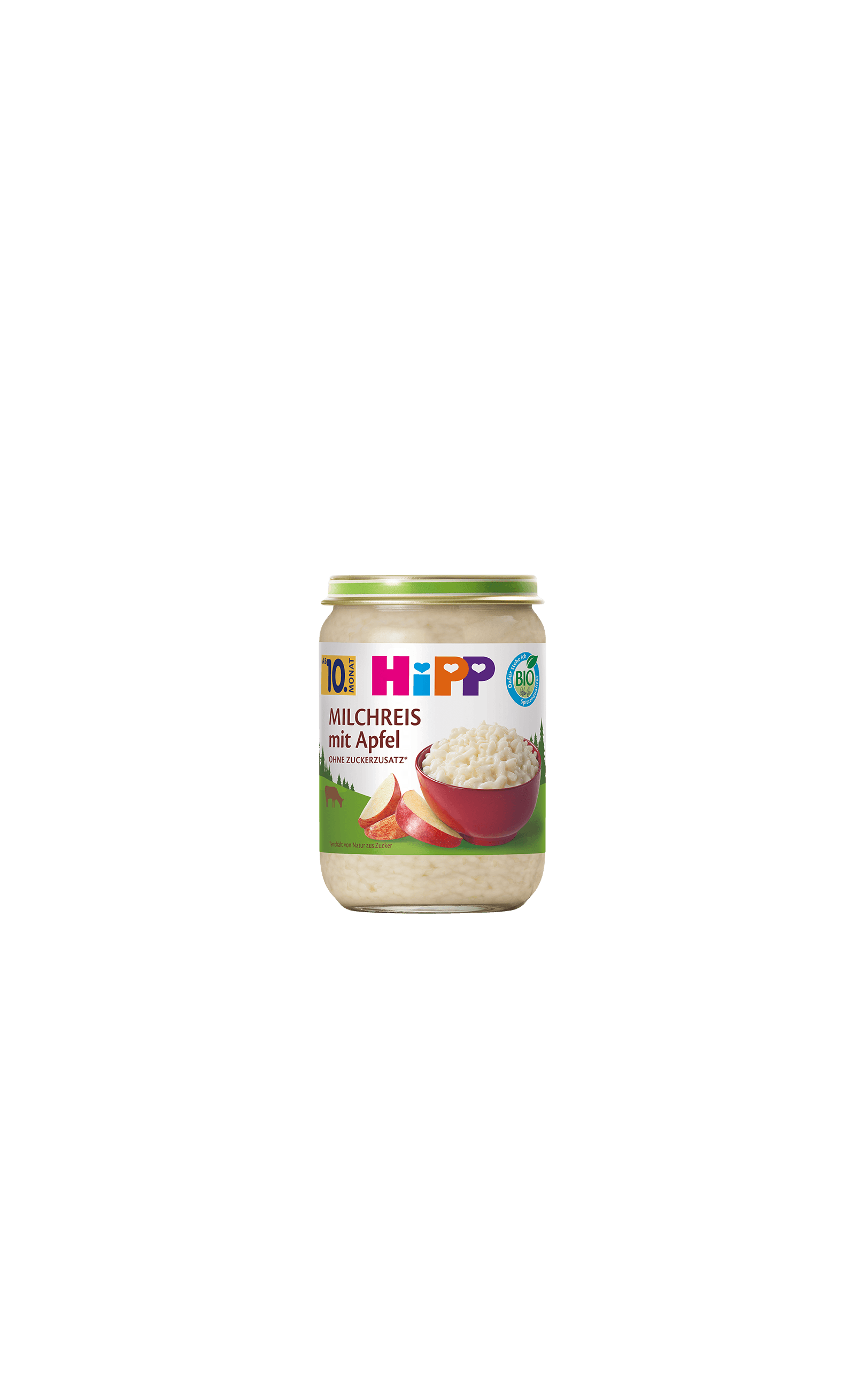 HiPP Bio Milchreis mit Apfel im 190g-Gläschen, ab dem 10. Monat, ohne Zuckerzusatz auf weißem Hintergrund