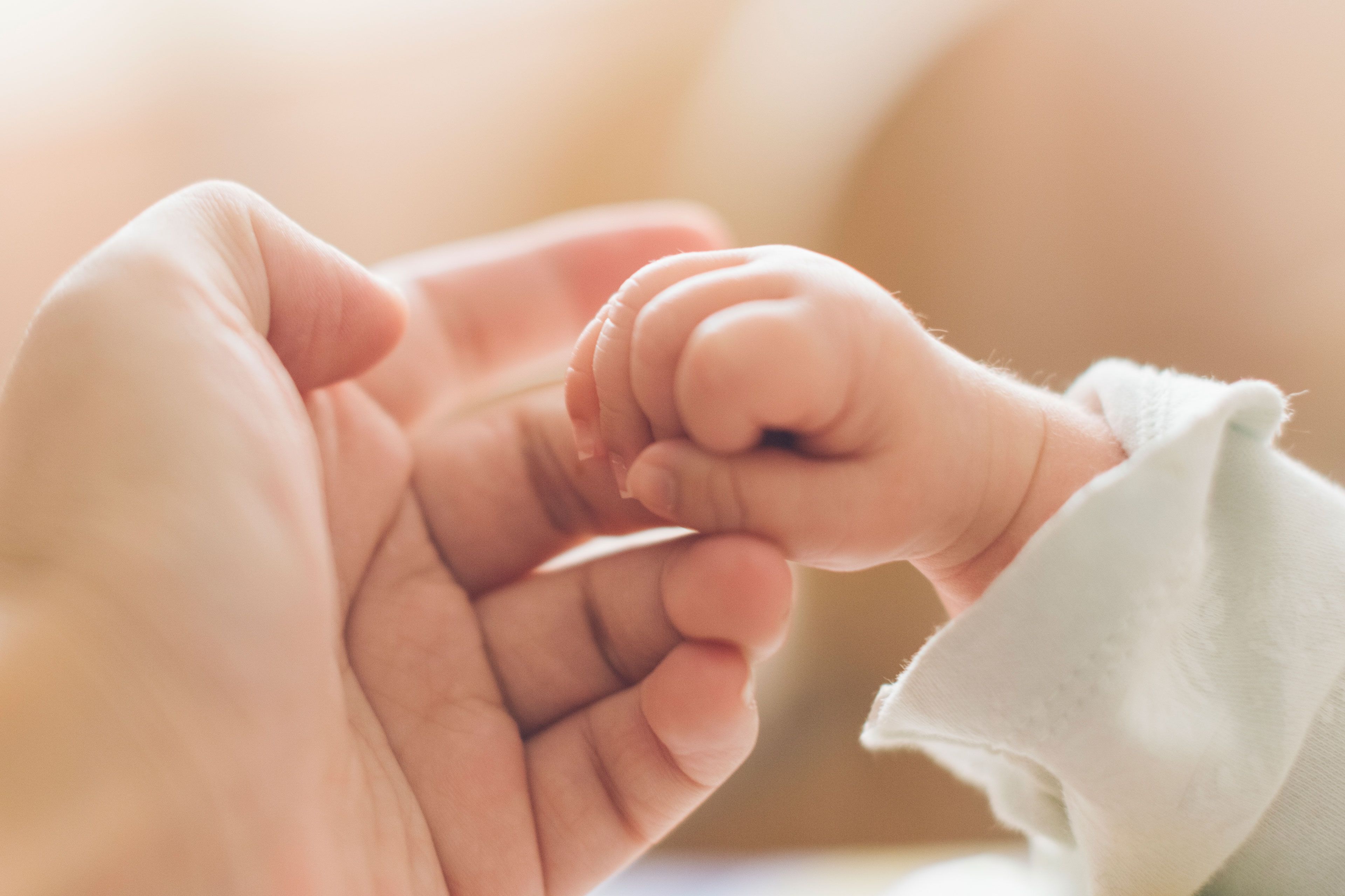 Ein zärtlicher Moment zwischen einem Erwachsenen und einem Baby, in dem die winzige Hand des Babys den Finger des Erwachsenen ergreift und so ein Band der Liebe und Fürsorge symbolisiert.