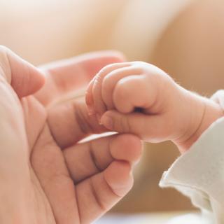 Ein zärtlicher Moment zwischen einem Erwachsenen und einem Baby, in dem die winzige Hand des Babys den Finger des Erwachsenen ergreift und so ein Band der Liebe und Fürsorge symbolisiert.