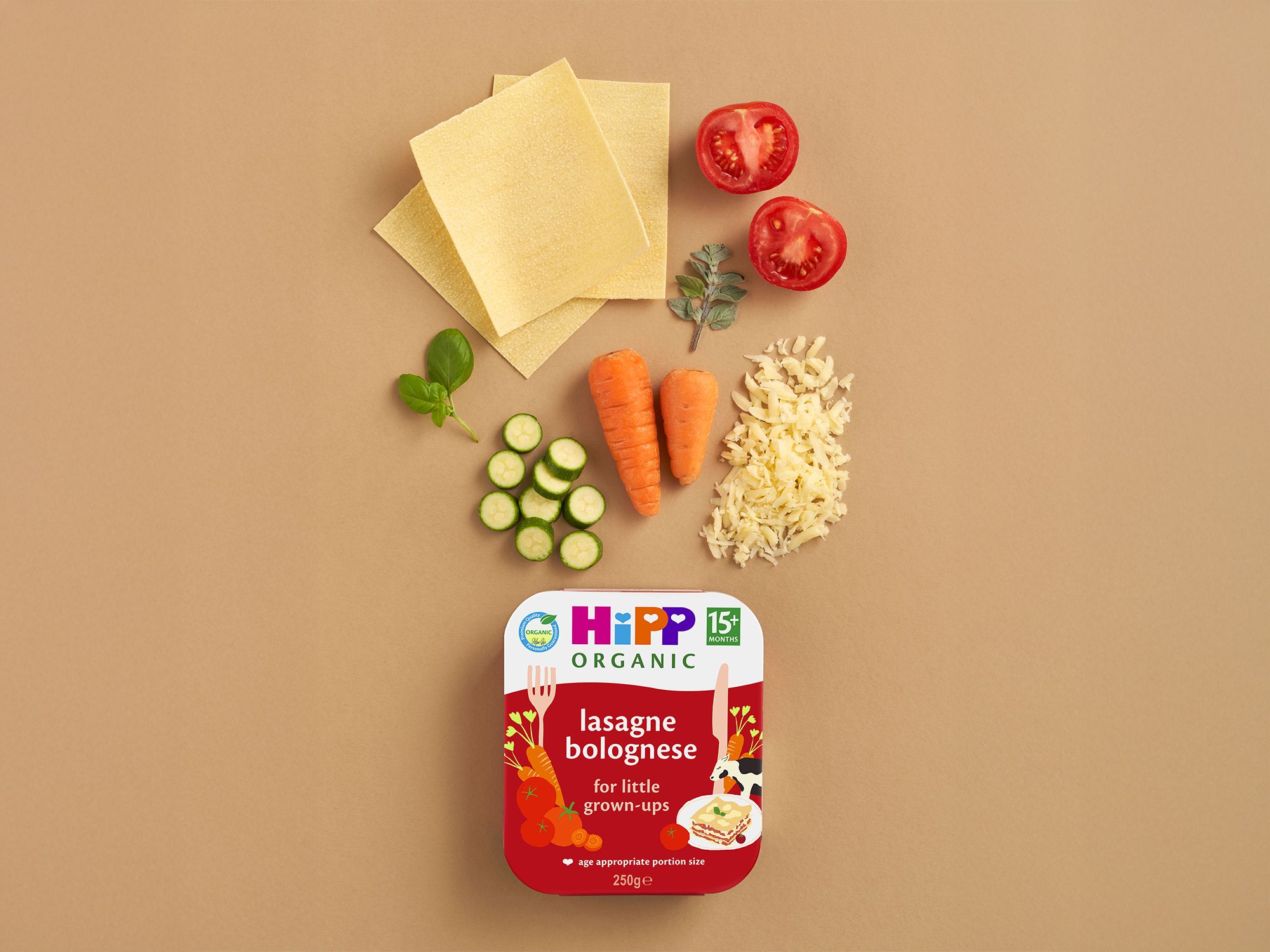 HiPP Organic Lasagne Bolognese toddler tray meal with pasta sheets, tomatoes, carrots, courgette, herbs and cheese on a neutral background