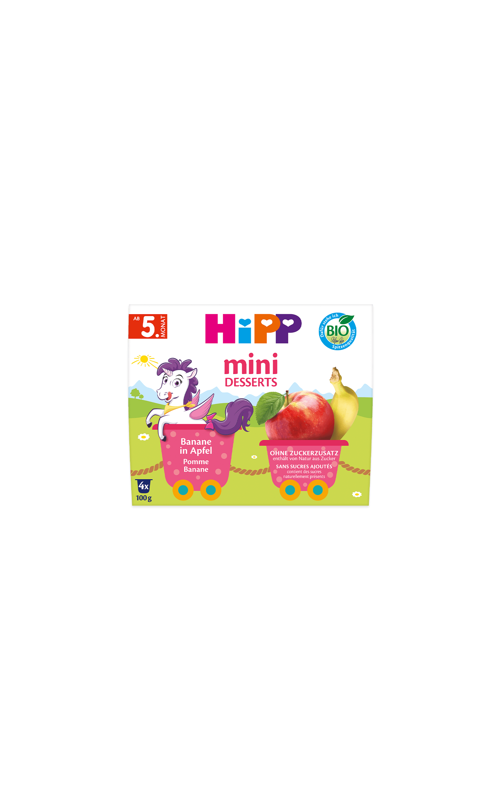 HiPP Mini Desserts Banane in Apfel, Bio-Fruchtbecher ab dem 5. Monat ohne Zuckerzusatz, 4×100 g Packung