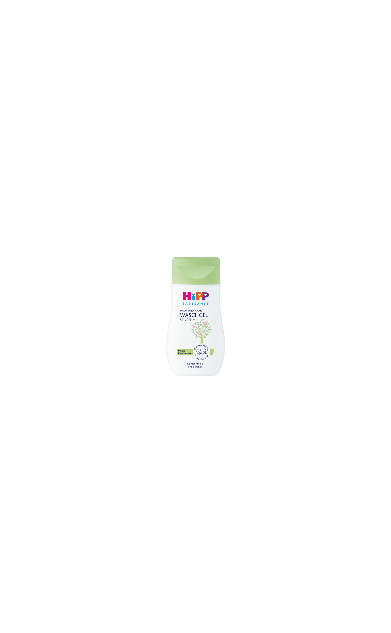 HiPP Babysanft Waschlotion sensitiv 50ml mit grünem Deckel auf weißem Hintergrund, sanfte Pflege für empfindliche Babyhaut