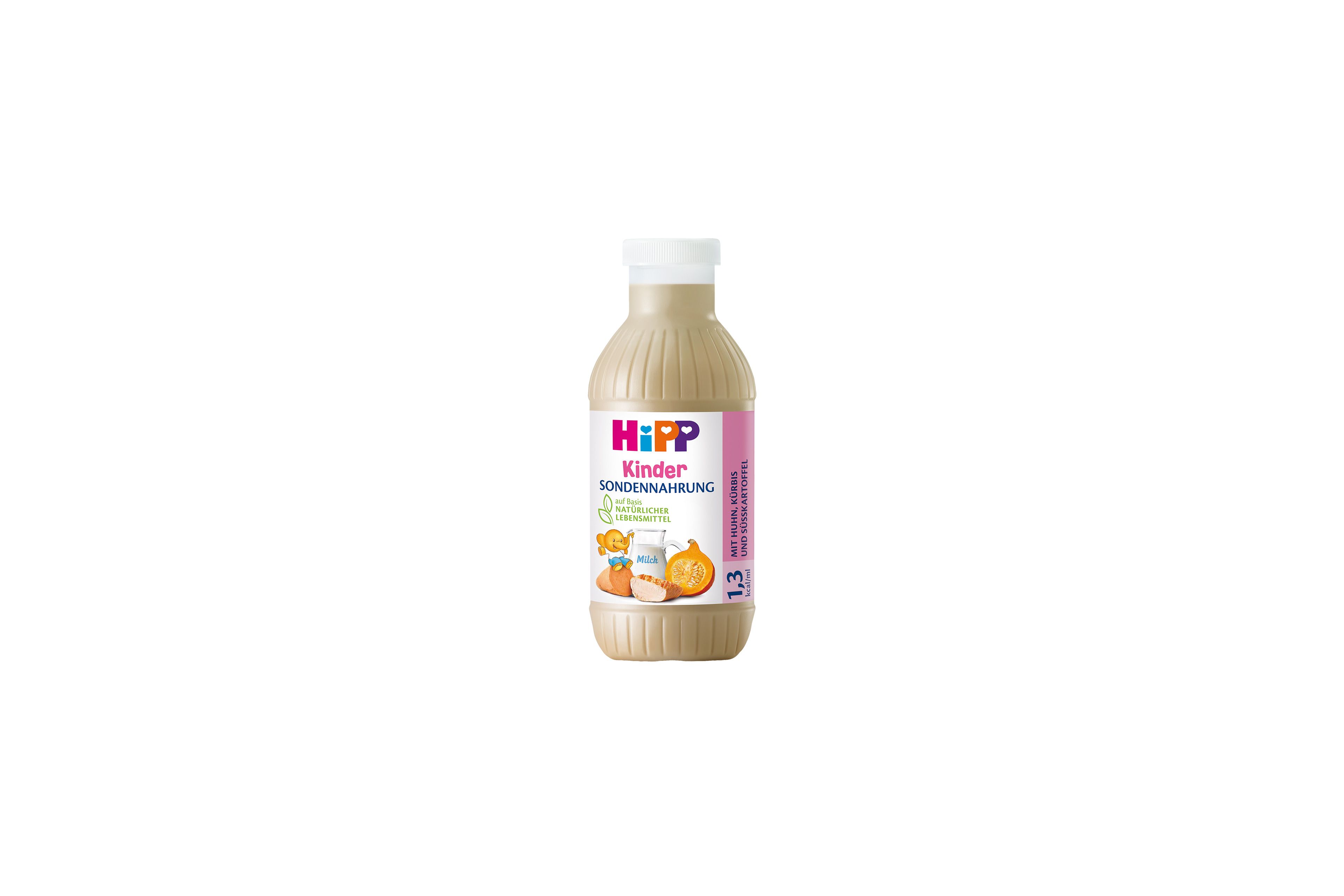 HiPP Kinder Sondennahrung 1,3 kcal/ml mit Huhn, Kürbis und Süßkartoffel in 500-ml-Flasche vor weißem Hintergrund