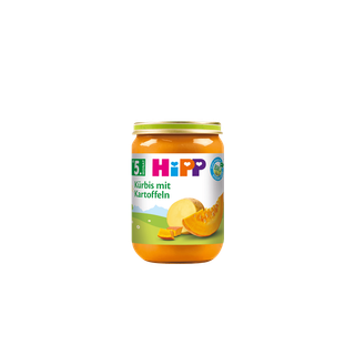 HiPP Bio-Gläschen „Kürbis mit Kartoffeln“ ab dem 5. Monat, orangefarbener Brei im Glas