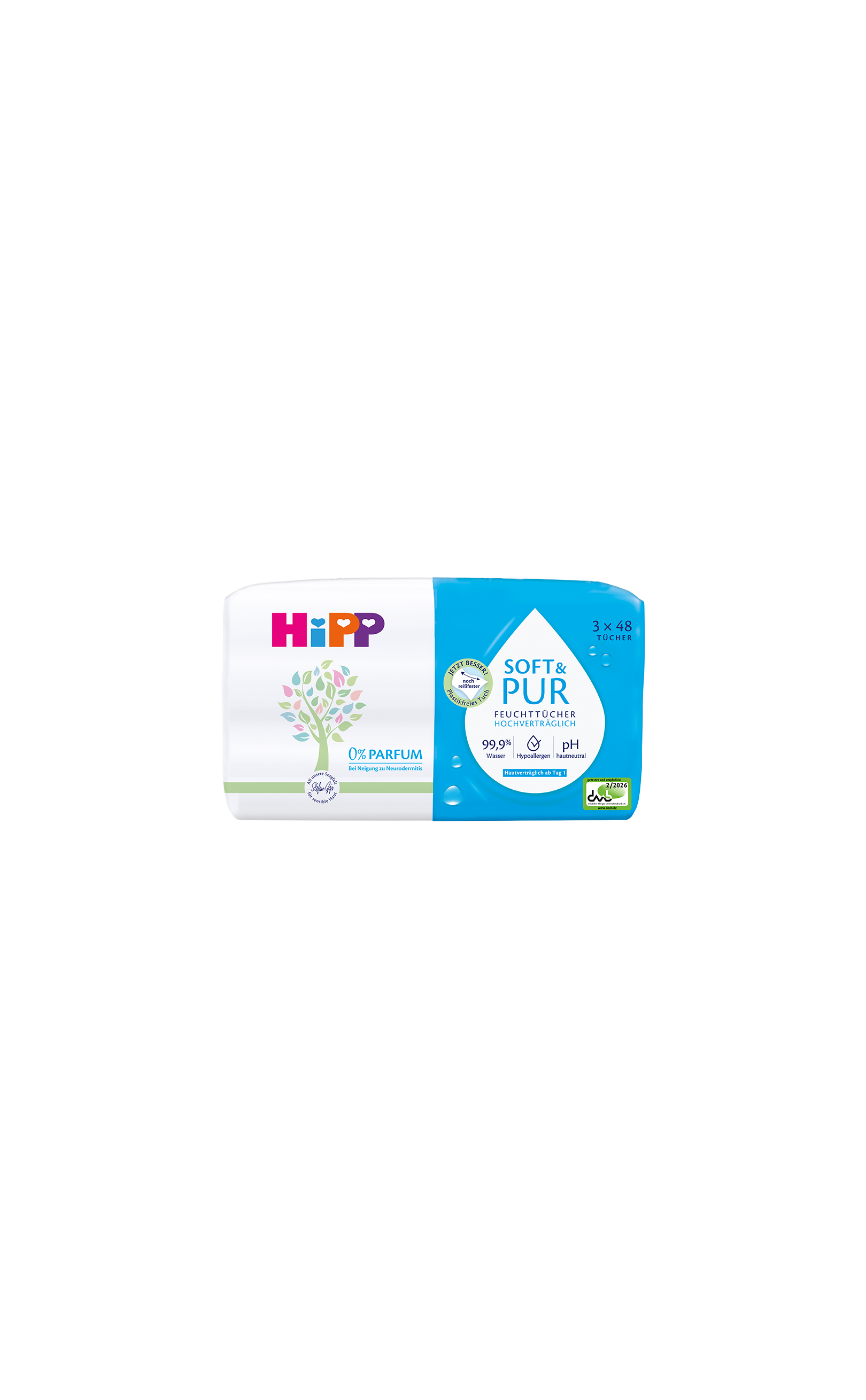 HiPP Soft & Pur Feuchttücher Packung, hypoallergene, parfümfreie Baby-Feuchttücher mit 99,9 % Wasser für sensible Haut