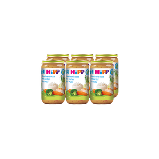 Sechserpack HiPP Gläschen Gemüserisotto mit zarter Bio-Pute, 6×250g, auf schwarzem Hintergrund angeordnet