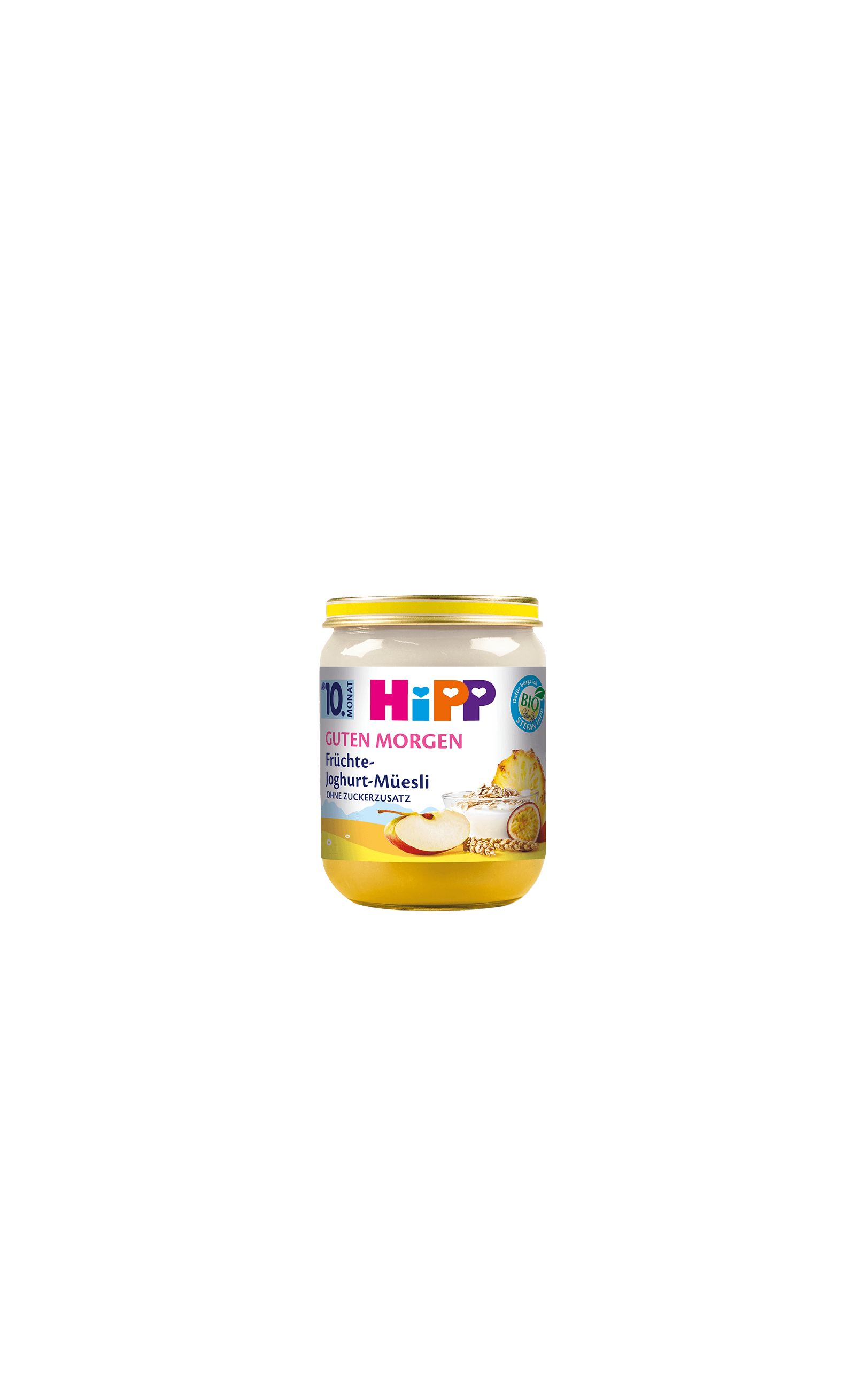 HiPP Guten Morgen Früchte-Joghurt-Müesli Bio-Gläschen mit Obst, Getreide und Joghurt auf schwarzem Hintergrund