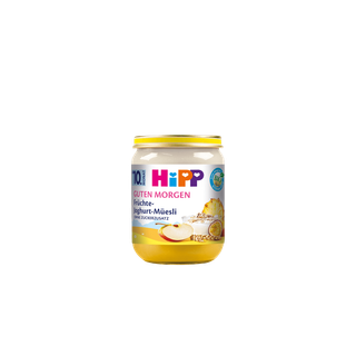 HiPP Guten Morgen Früchte-Joghurt-Müesli Bio-Gläschen mit Obst, Getreide und Joghurt auf schwarzem Hintergrund