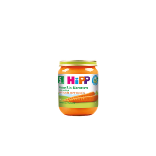 HiPP Reine Bio-Karotten Babygläschen ab dem 5. Monat mit mild-süßem Bio-Karottenbrei auf schwarzem Hintergrund