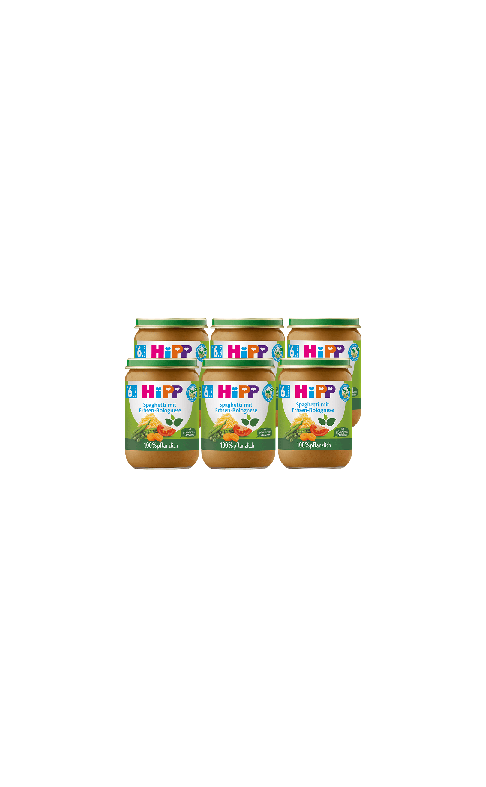 Sechserpack HiPP Gläschen Spaghetti mit Erbsen-Bolognese, 100 % pflanzlich, ab 6. Monat auf schwarzem Hintergrund