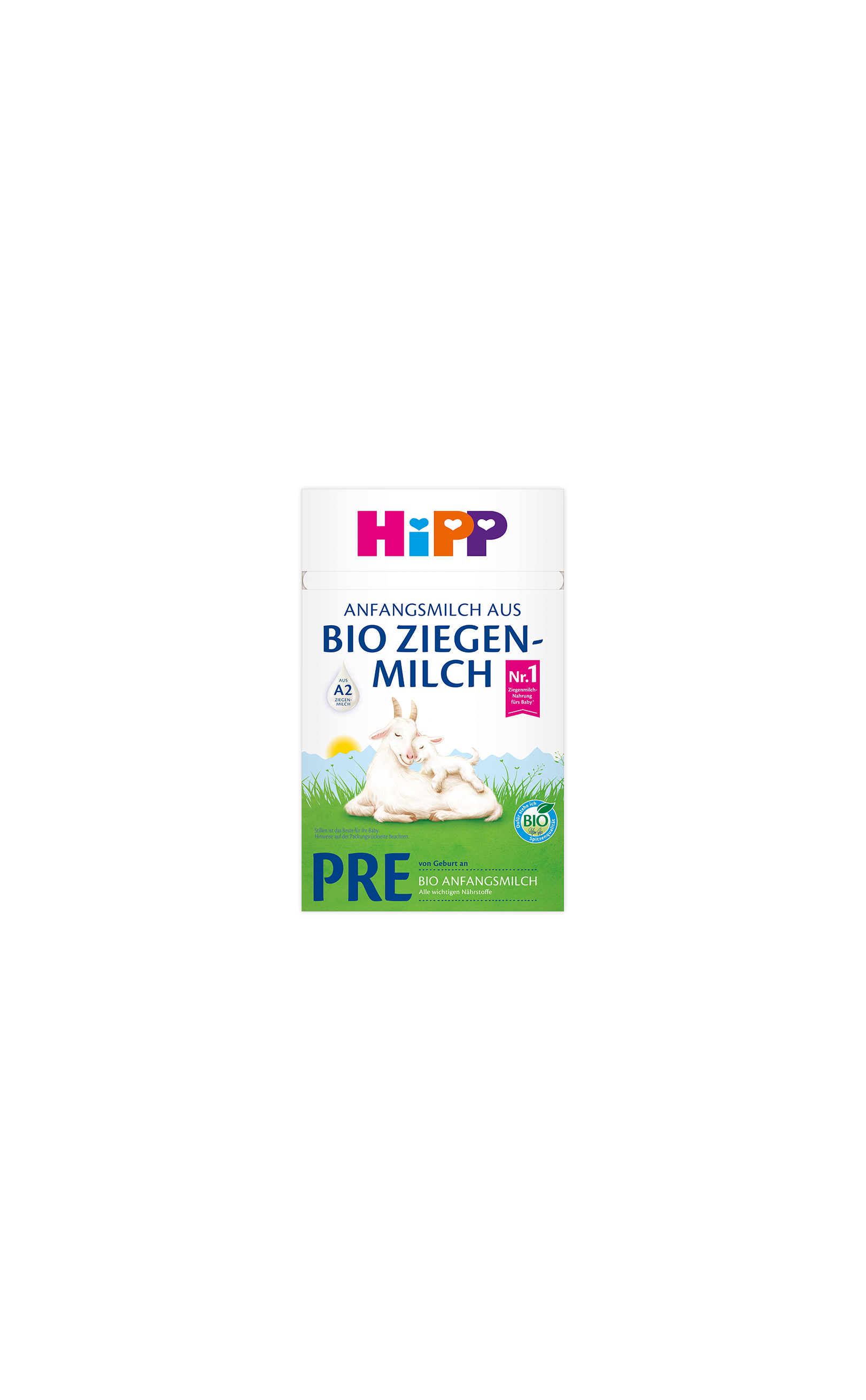 HiPP PRE Bio Anfangsmilch aus Bio Ziegenmilch Packung mit Ziege und Zicklein auf grüner Wiese vor blauem Himmel