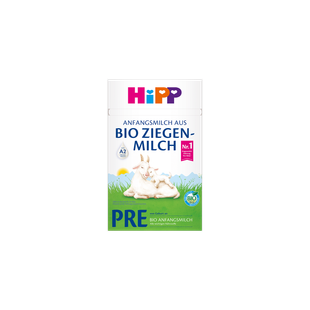 HiPP PRE Bio Anfangsmilch aus Bio Ziegenmilch Packung mit Ziege und Zicklein auf grüner Wiese vor blauem Himmel
