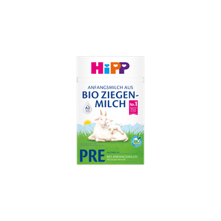 HiPP PRE Anfangsmilch aus Bio Ziegenmilch Packung mit Ziege und Zicklein auf grüner Wiese, A2 Bio-Babymilch ab Geburt