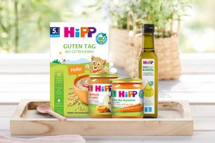 Vier verschiedene Hipp-Babynahrungsprodukte auf einem Holztablett vor unscharfem Hintergrund