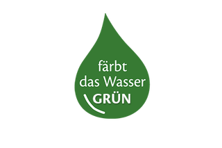 Grüner Tropfen mit der der Aufschrift "Färbt das Wasser GRÜN"