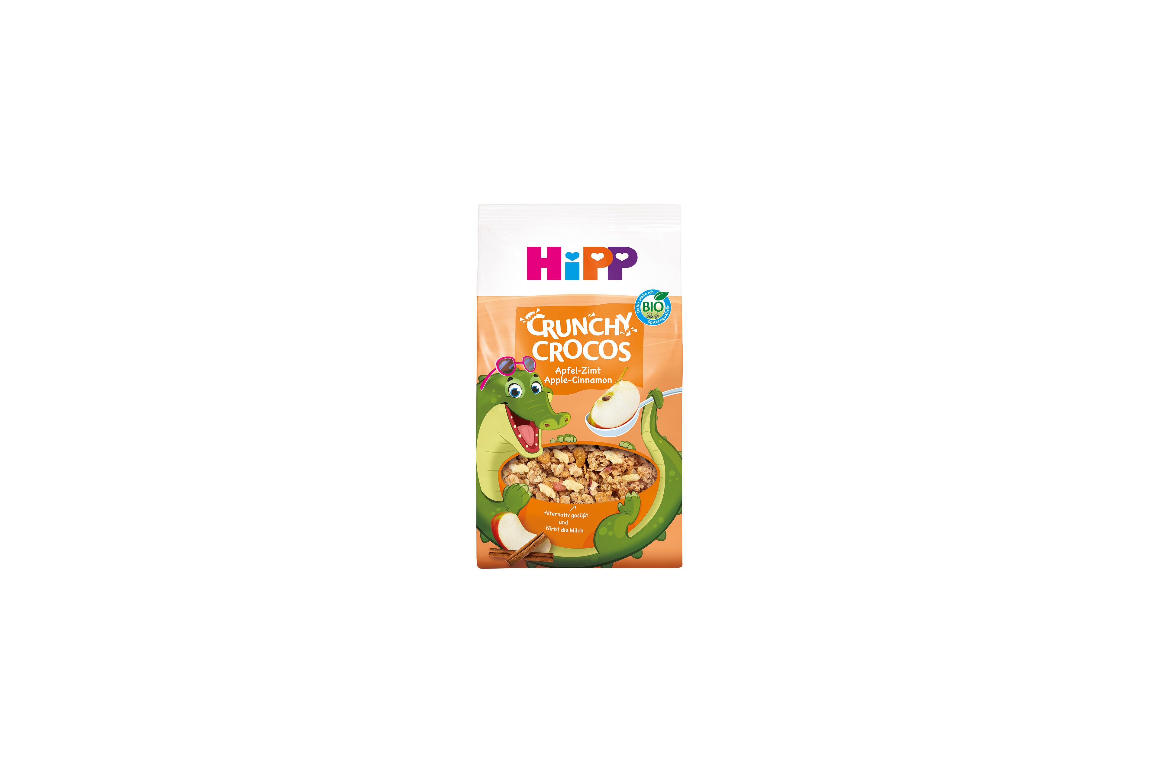 HiPP Crunchy Crocos Apfel-Zimt Bio-Kinder-Müsli mit fröhlichem Krokodil-Maskottchen auf orangefarbener Verpackung