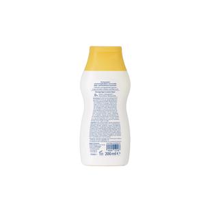 Rückseite einer weißen Plastikflasche mit gelbem Verschluss und kleinem Textblock