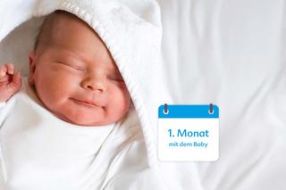 Ein in ein weißes Tuch gewickeltes Baby, daneben eine blaue kalenderähnliche Grafik mit der Aufschrift "1. Monat mit dem Baby".