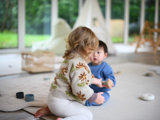 Toddlers playing with a toy together