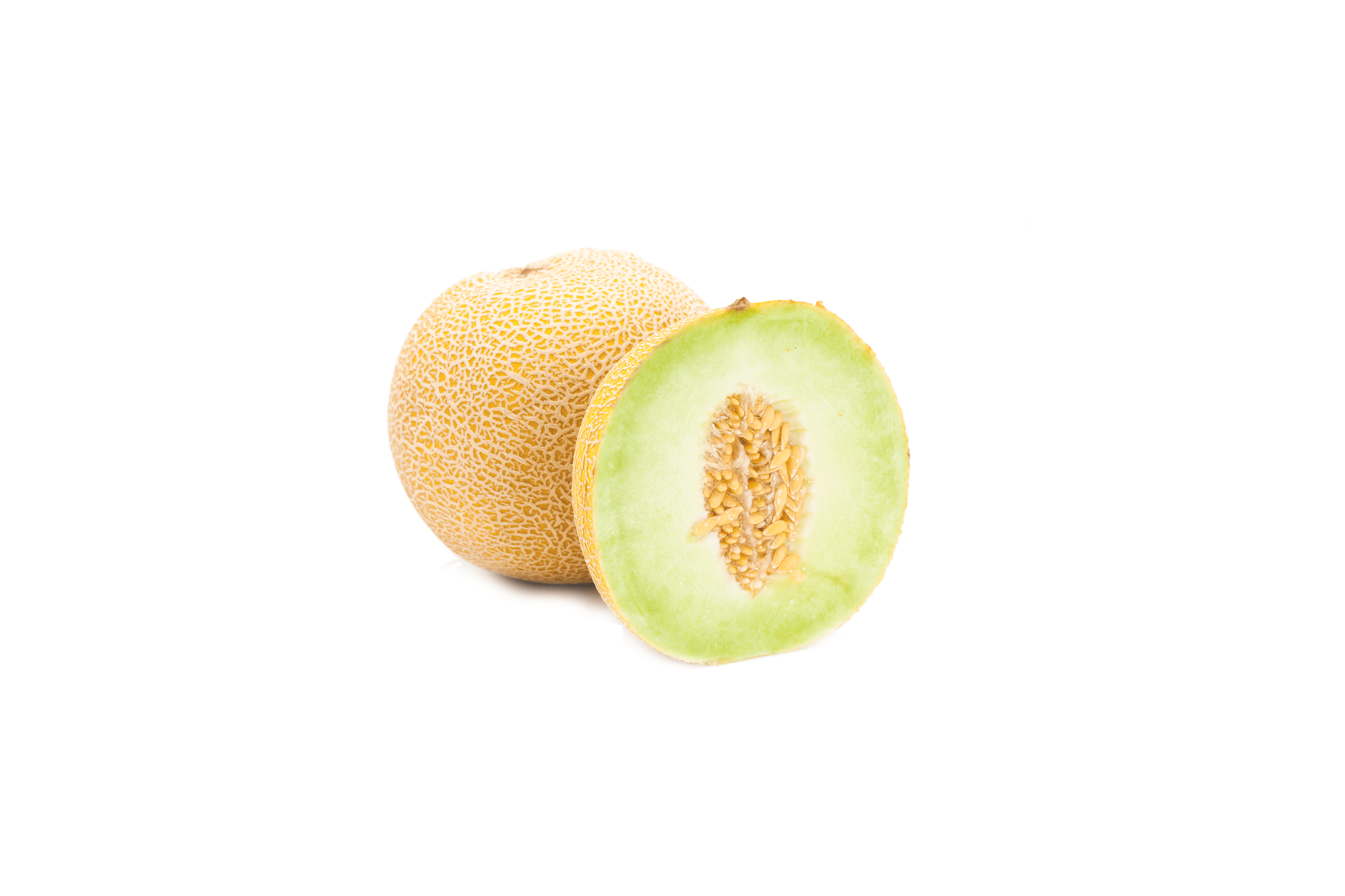 Eine gelbe, runde Honigmelone.