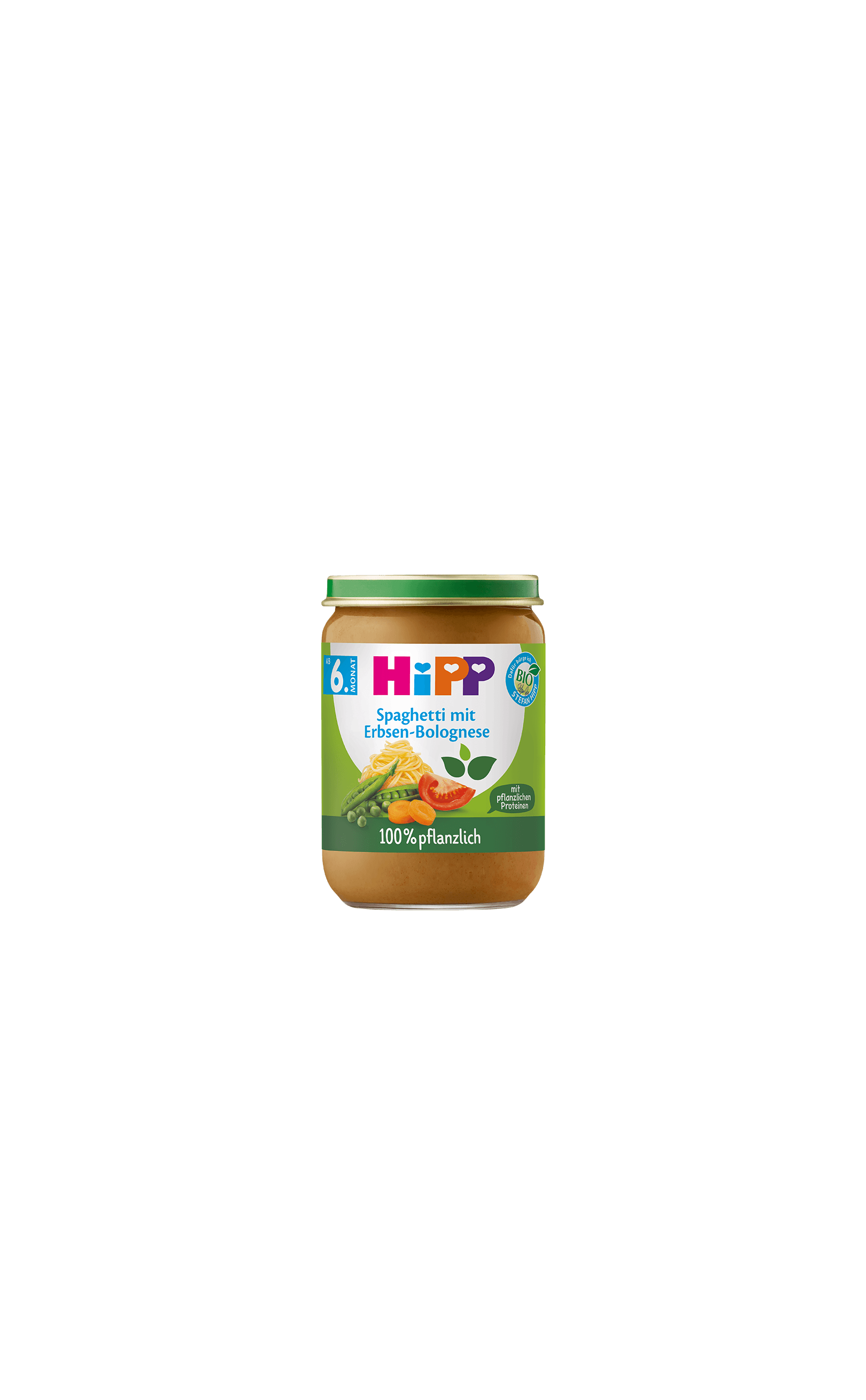 HiPP Bio-Gläschen Spaghetti mit Erbsen-Bolognese, 100 % pflanzliche Beikost ab dem 6. Monat vor schwarzem Hintergrund