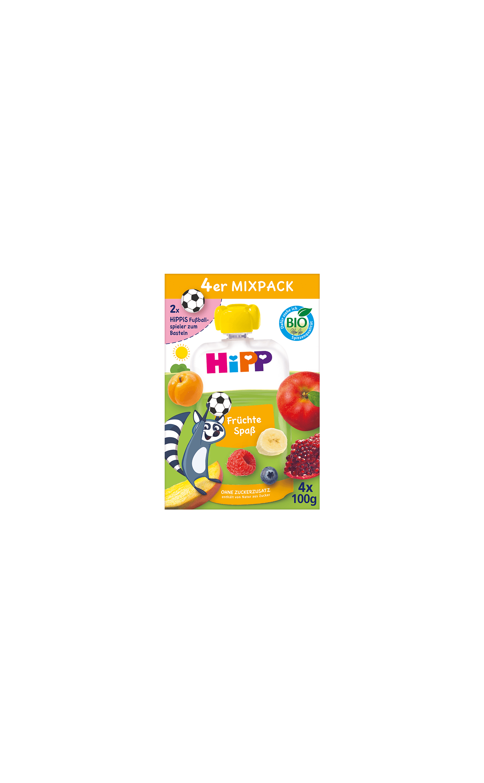 HiPP Mixpack Früchtespaß 4x100g Bio-Quetschbeutel mit buntem Früchtemix und kindlichem Tiermotiv auf der Verpackung
