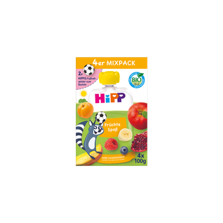 HiPP Mixpack Früchtespaß 4x100g Bio-Quetschbeutel mit buntem Früchtemix und kindlichem Tiermotiv auf der Verpackung