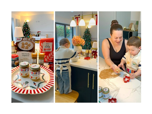 Mum & son following recipe steps to create gingerbread biscuits