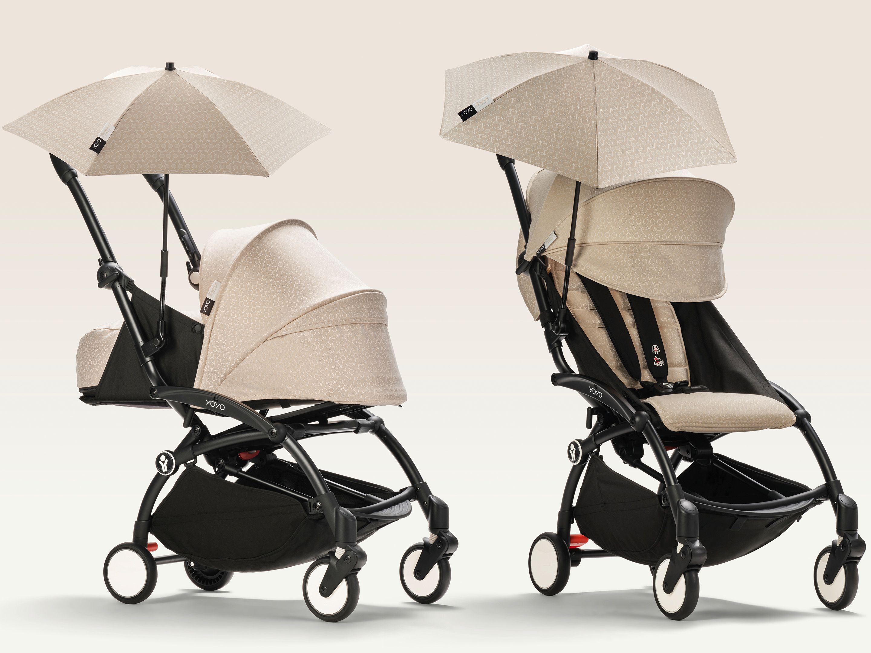 zwei Kinderwägen in beige schwarz