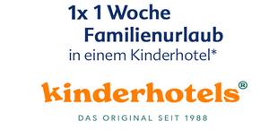Text mit dem Angebot '1x 1 Woche Familienurlaub in einem Kinderhotel*' und dem Logo 'kinderhotels® DAS ORIGINAL SEIT 1988'