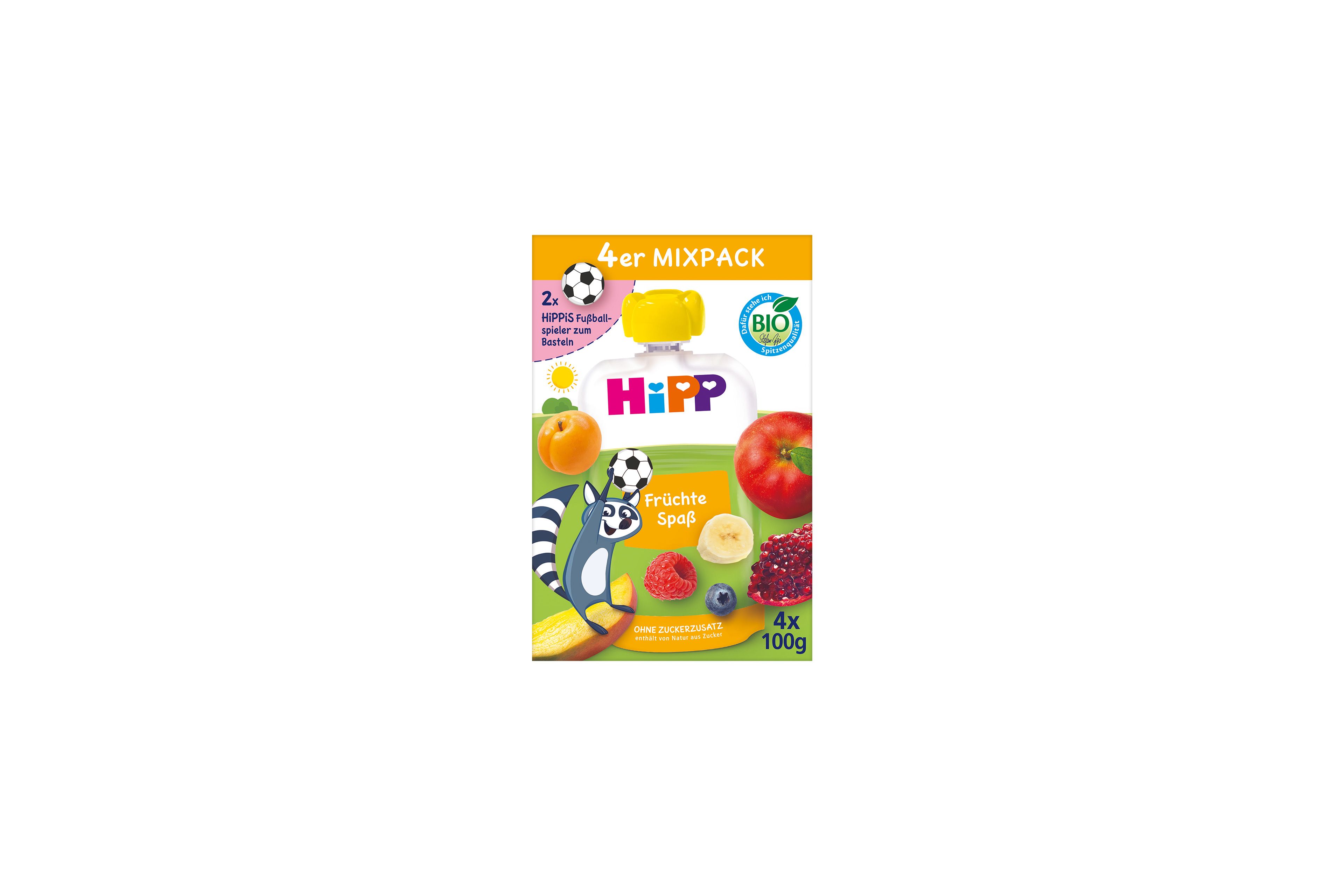 HiPP Mixpack Früchtespaß 4x100g Bio-Quetschbeutel mit buntem Früchtemix und kindlichem Tiermotiv auf der Verpackung