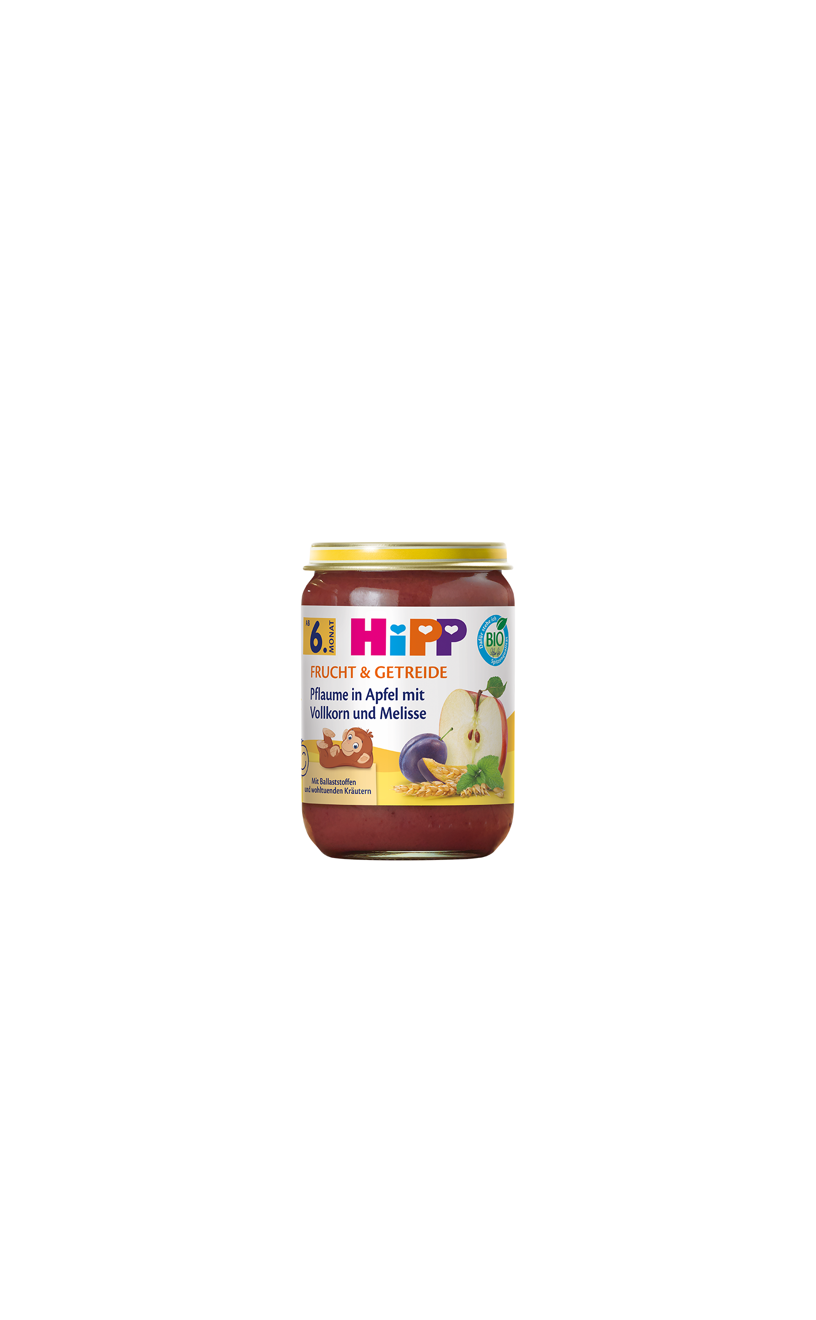 HiPP Bio-Gläschen Pflaume in Apfel mit Vollkorn und Melisse für Babys ab 6 Monaten, Produktpackung vor weißem Hintergrund