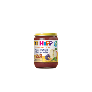HiPP Bio-Gläschen Pflaume in Apfel mit Vollkorn und Melisse für Babys ab 6 Monaten, Produktpackung vor weißem Hintergrund
