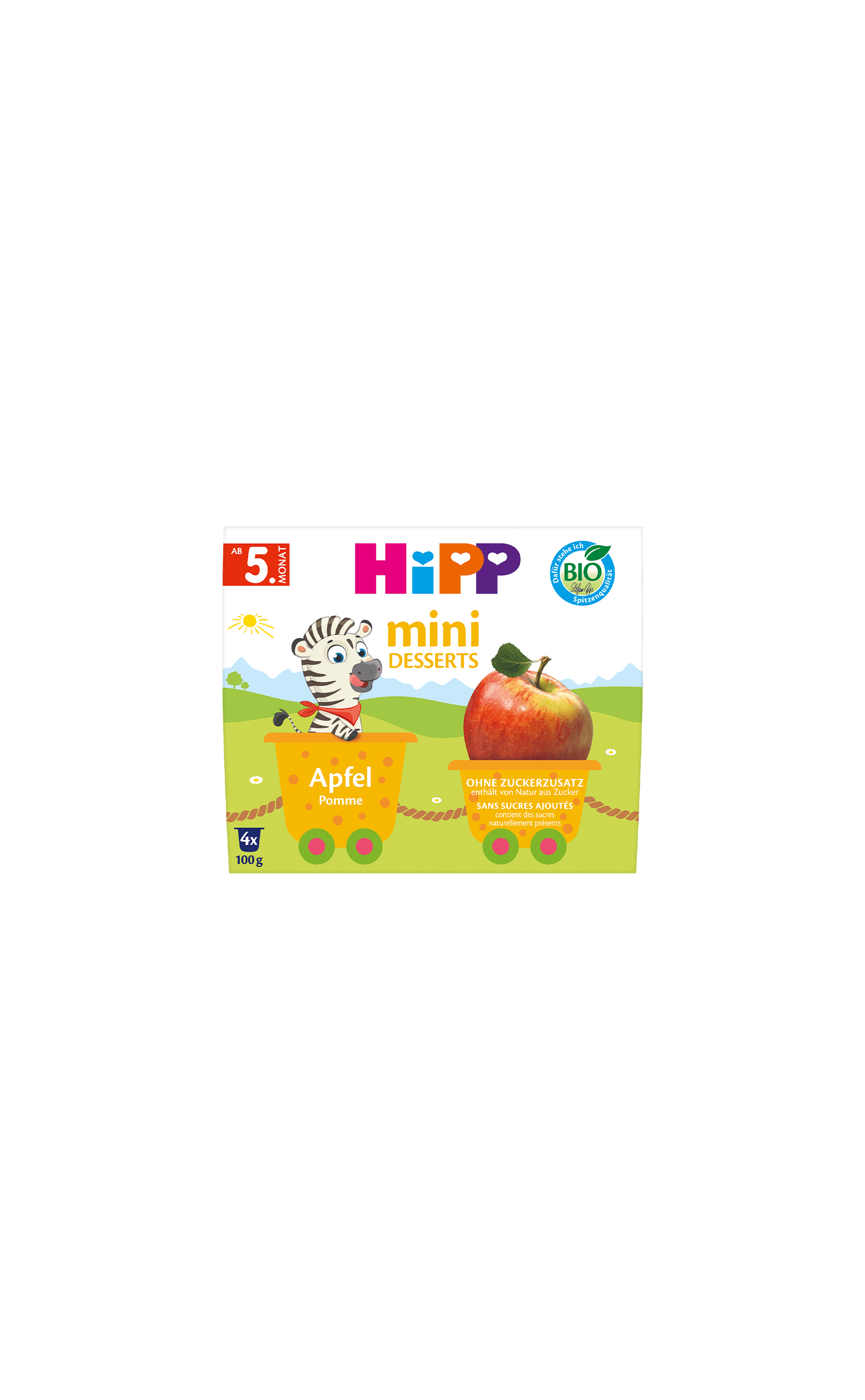 HiPP Bio Mini Desserts Apfel im 4x100g-Pack, bunte Verpackung mit Zebra-Illustration und großem Apfelmotiv ab dem 5. Monat