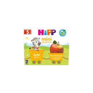 HiPP Bio Mini Desserts Apfel im 4x100g-Pack, bunte Verpackung mit Zebra-Illustration und großem Apfelmotiv ab dem 5. Monat