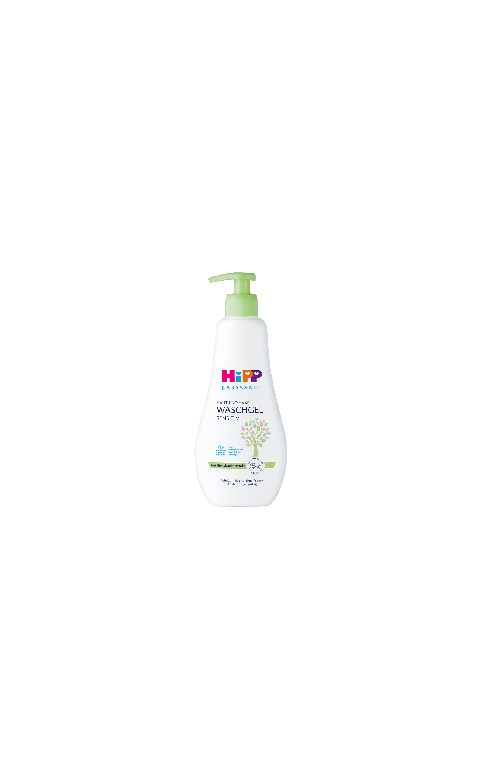 HiPP Babysanft Haut und Haar Waschgel sensitiv in weißer 400ml-Pumpflasche mit grünem Spender und zartem Baum-Motiv