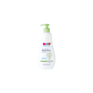 HiPP Babysanft Haut und Haar Waschgel sensitiv in weißer 400ml-Pumpflasche mit grünem Spender und zartem Baum-Motiv
